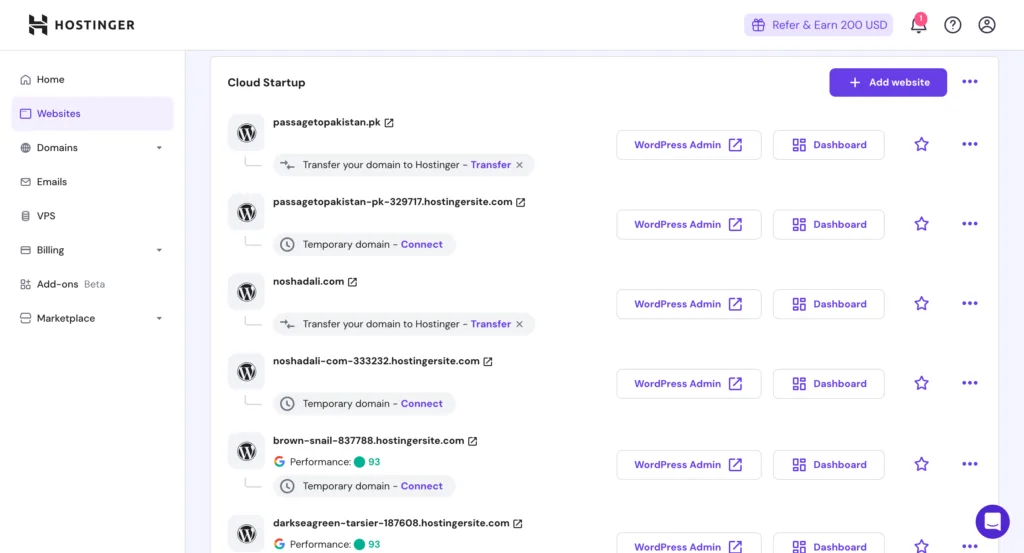 Hostinger Website Management Dashboard